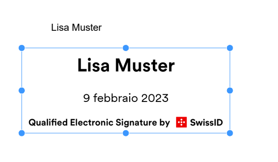 L'immagine mostra la firma standard di SwissID Sign. Contiene il nome, la data e il tipo di firma. 